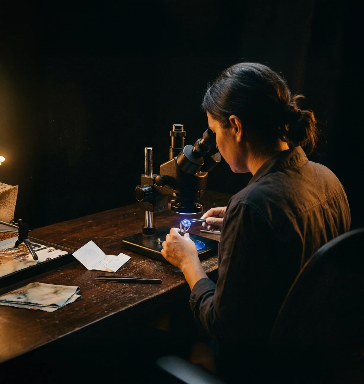 A gemmologist examining a Ceylon sapphire during certification