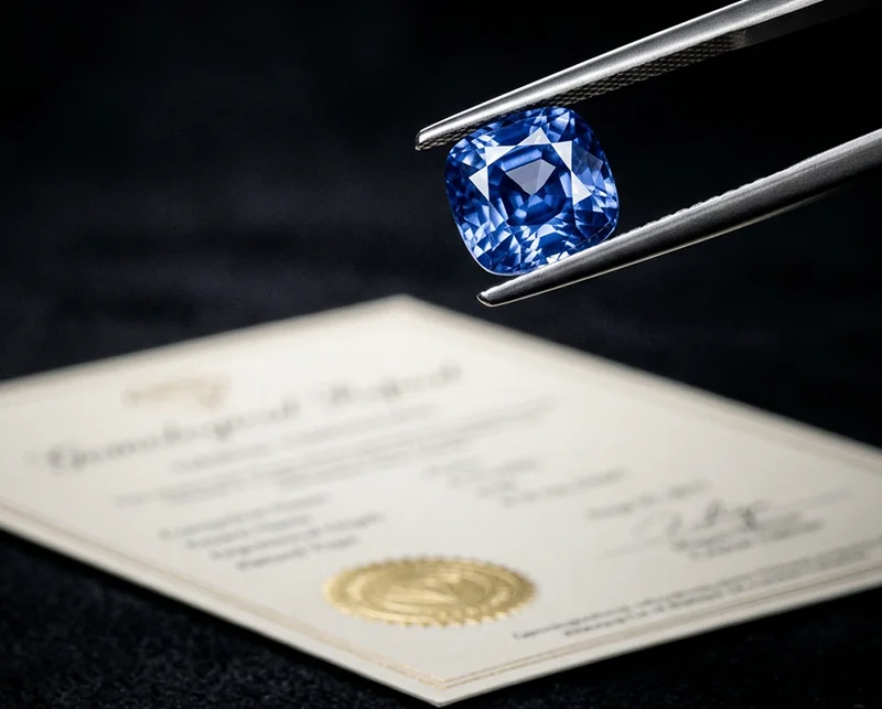 Ceylon sapphire beside its independent laboratory report