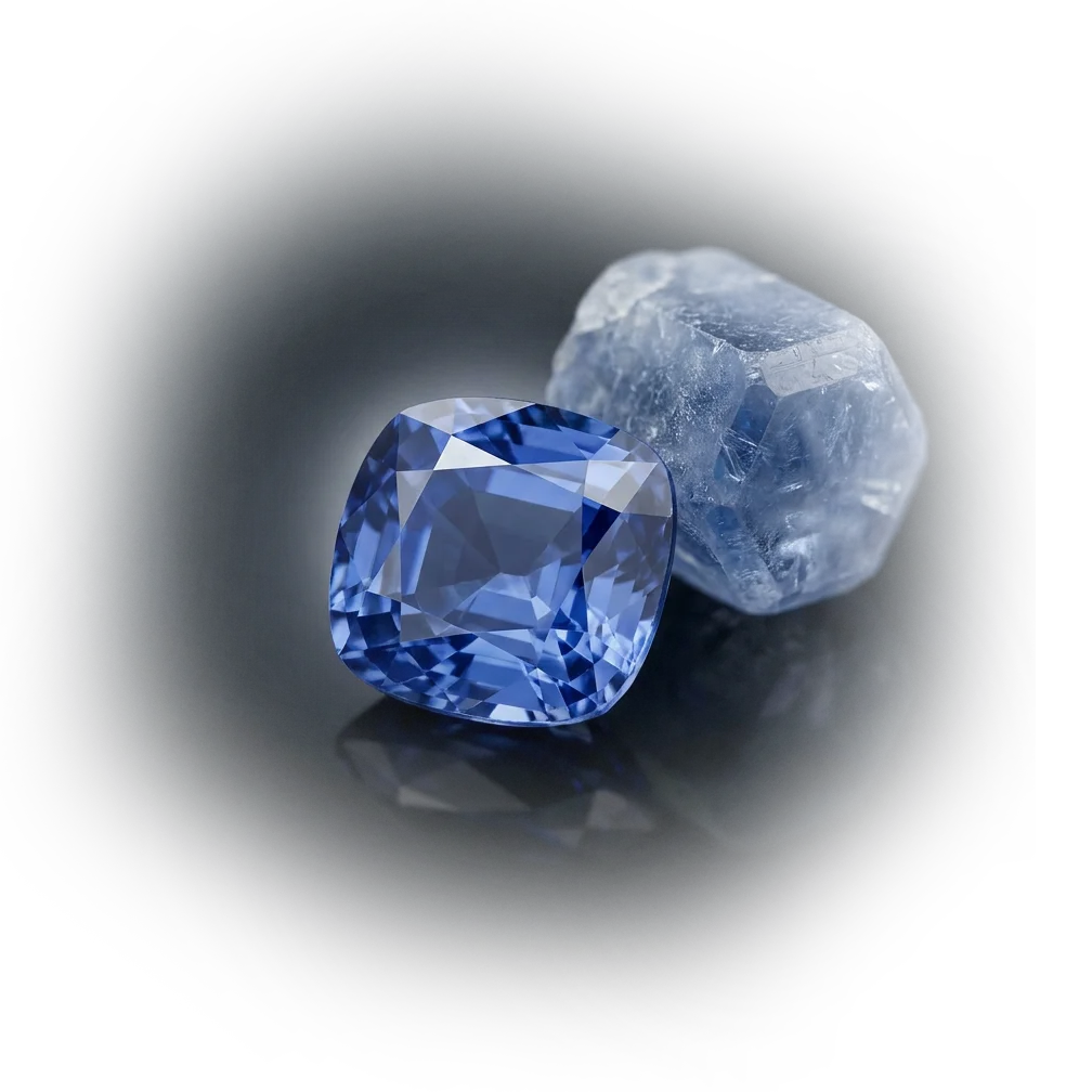 A faceted blue Ceylon sapphire beside a rough sapphire crystal