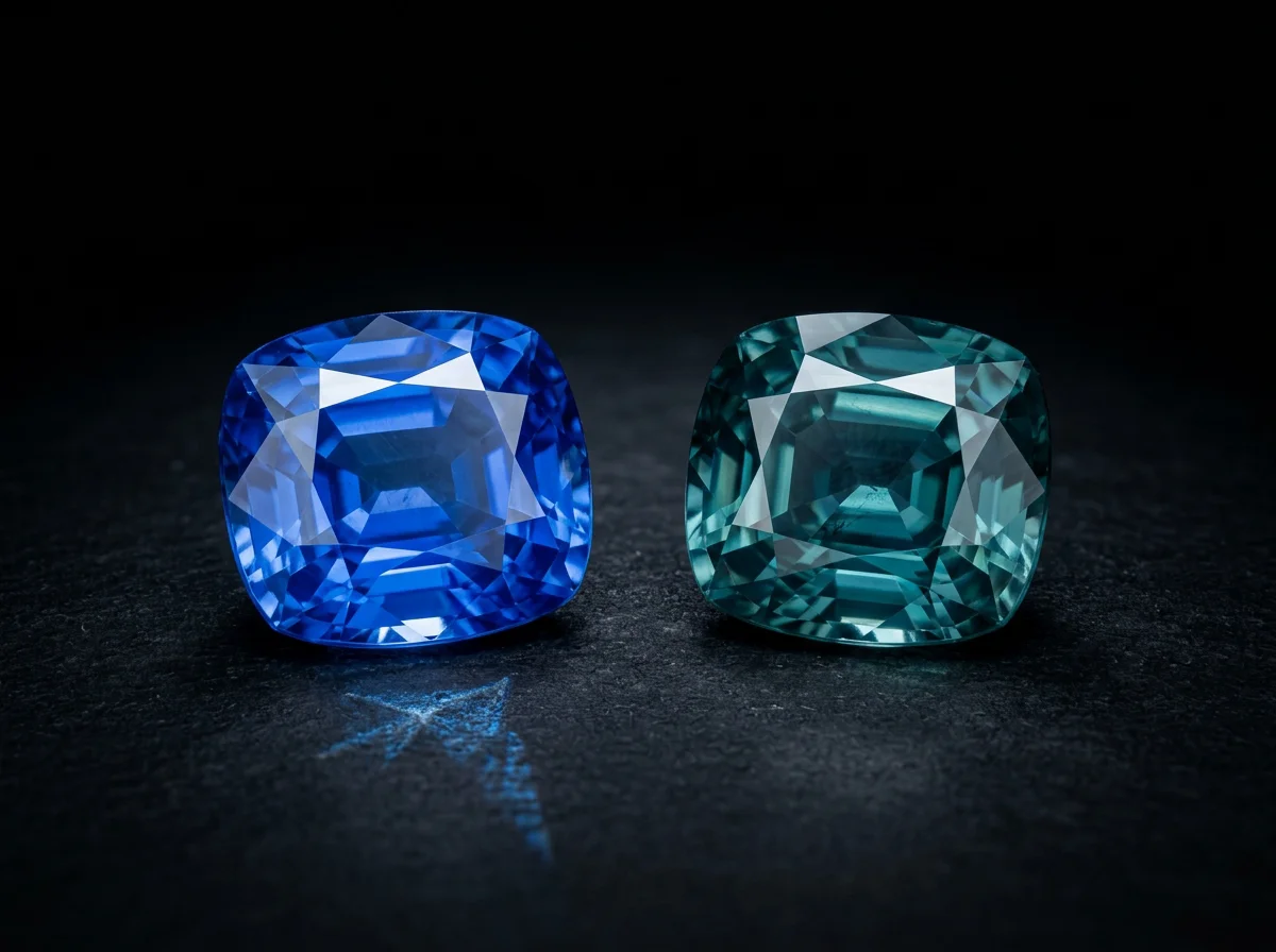 A Ceylon blue sapphire beside a teal Montana sapphire
