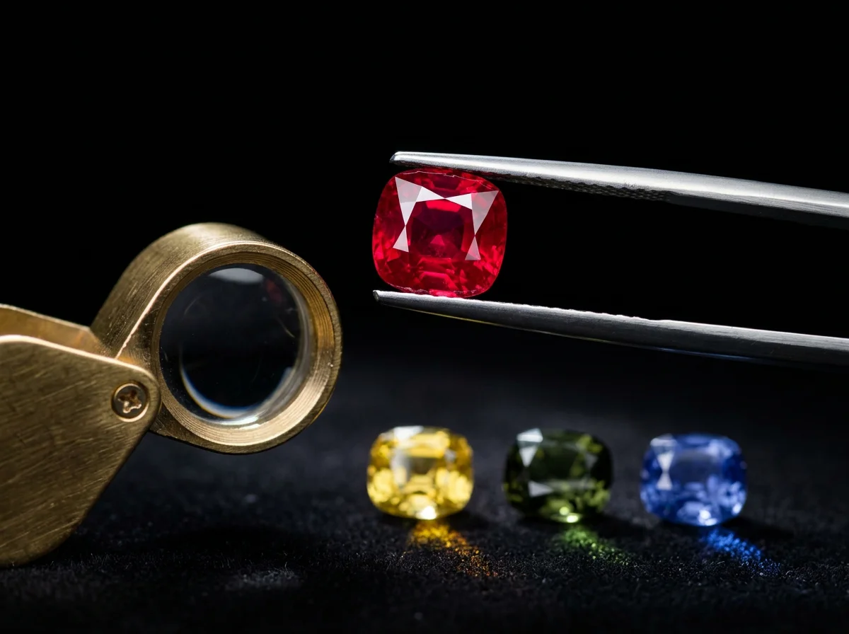 Examining a Ceylon sapphire under a loupe to check it is genuine