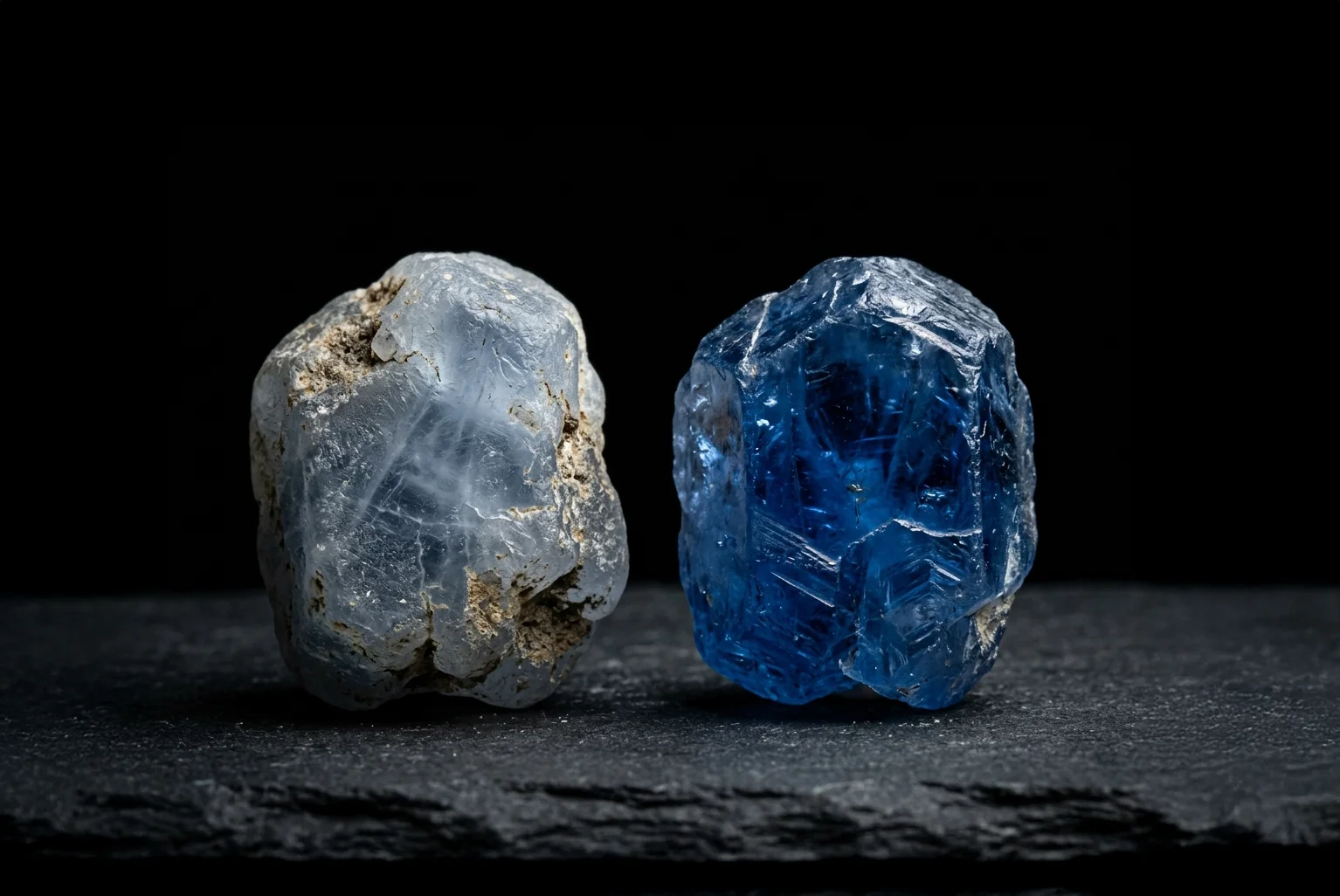 Rough sapphire before and after heating