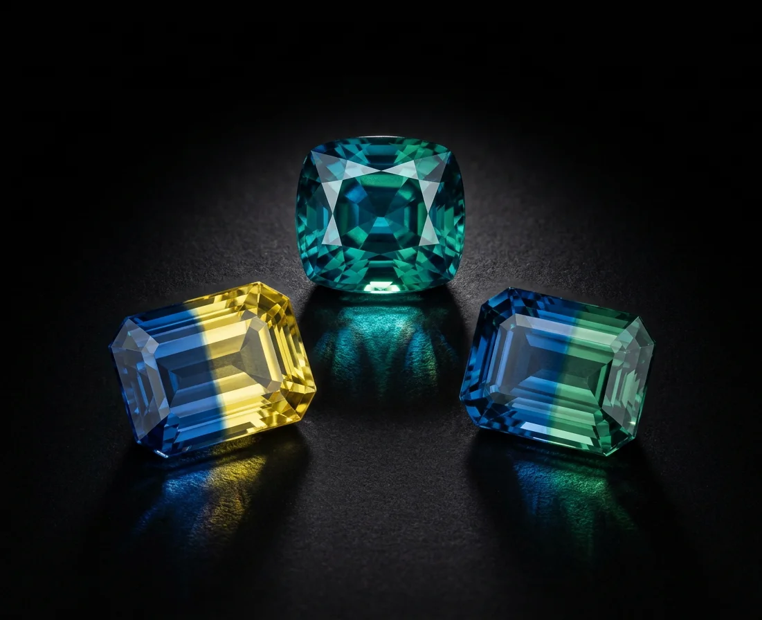 Teal and parti-coloured sapphires
