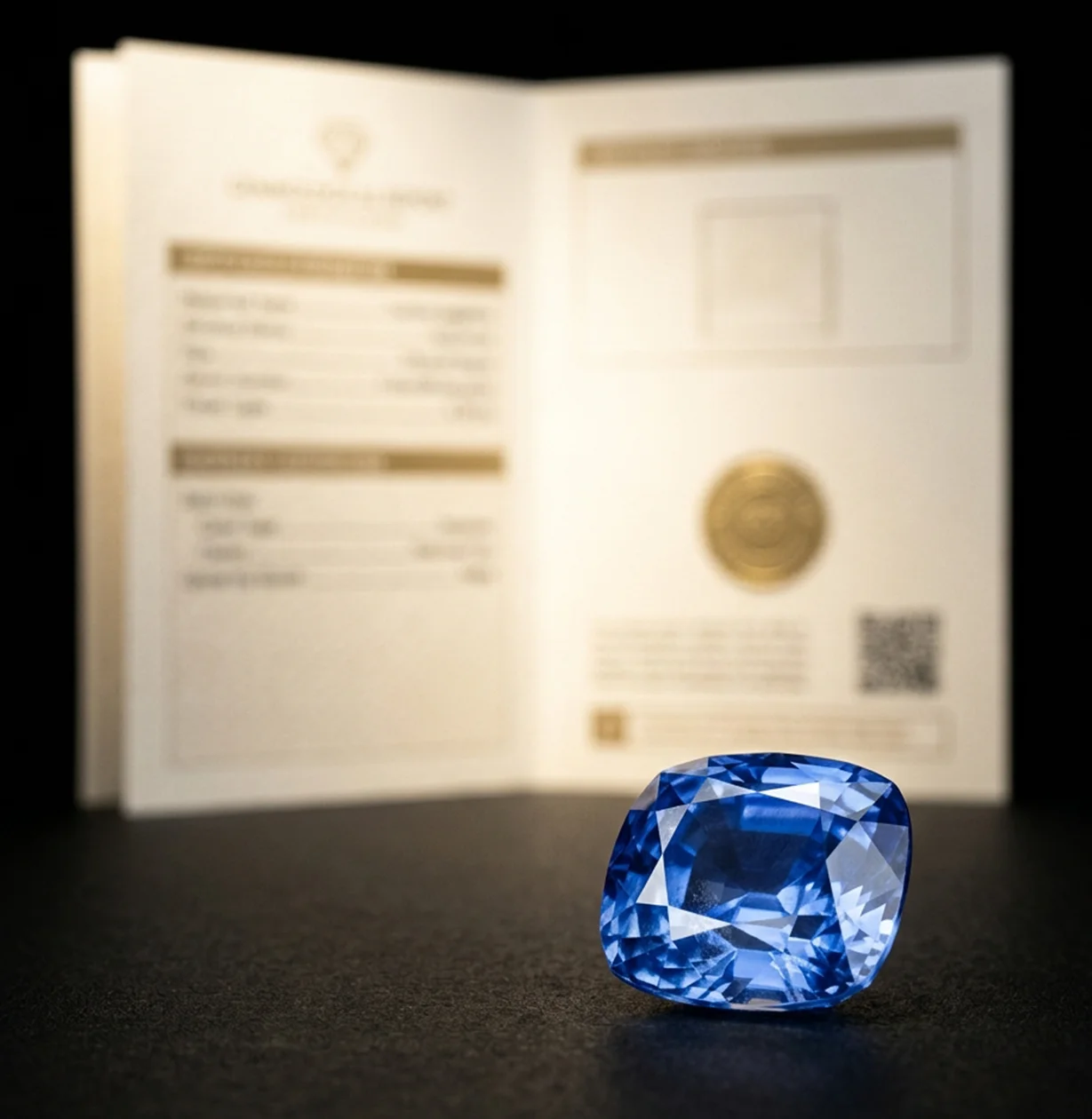An unheated Ceylon sapphire with its laboratory report