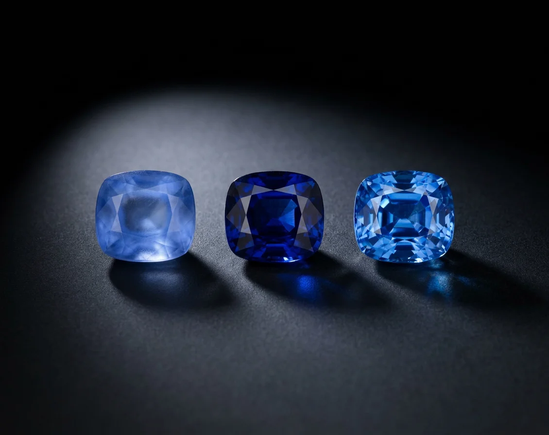 Ceylon, Kashmir and Burmese blue sapphires compared